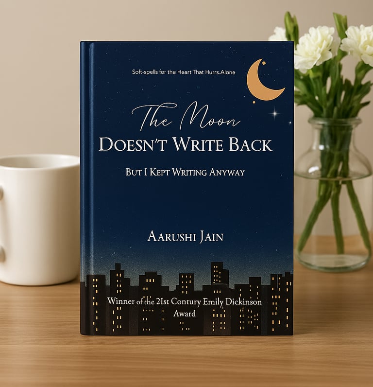 The display of the poetry book, "The Moon Doesn't Write Back" by the author, Aarushi Jain