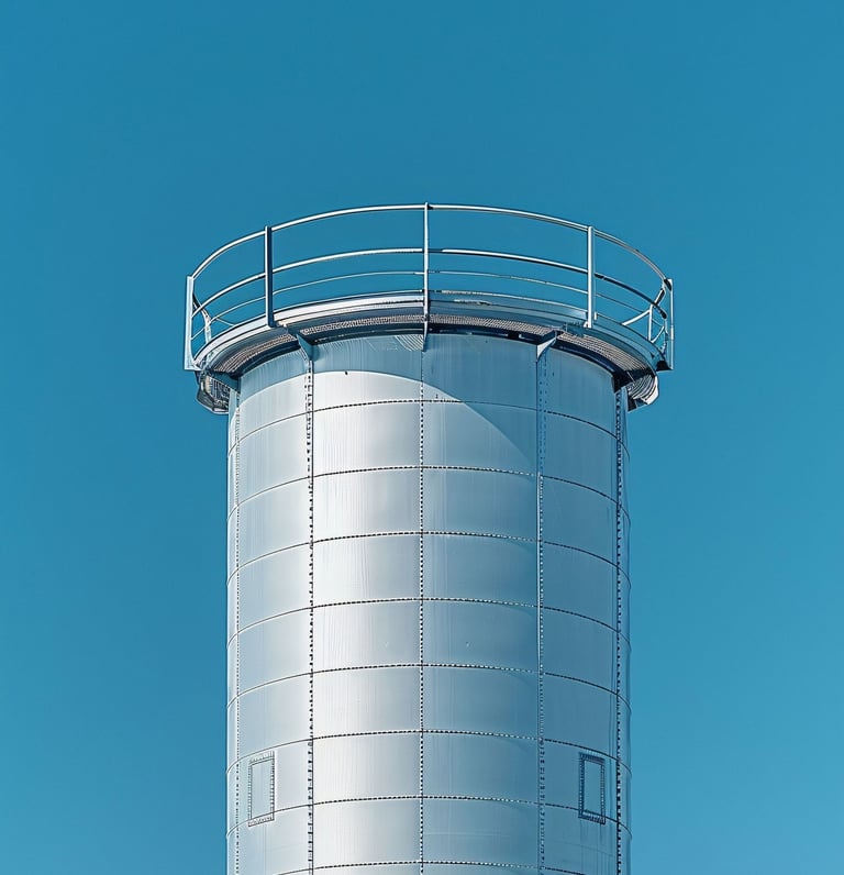 Silo industrial alto y cilíndrico de almacenamiento de acero con barandal de seguridad