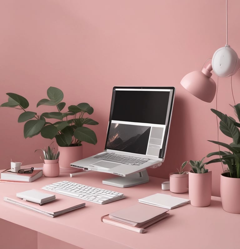 A clean, modern workspace with a laptop displaying a booking calendar and a smiling person scheduling an appointment