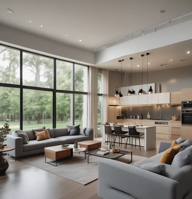 A leek, modern luxury home with large glass windows and a beautifully landscaped front yard at sunset.