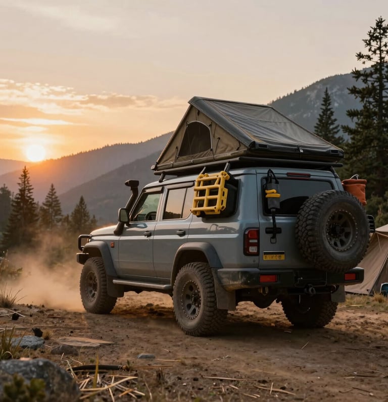 A rugged off-road vehicle parked beside a campfire under a starry night sky in the wilderness.