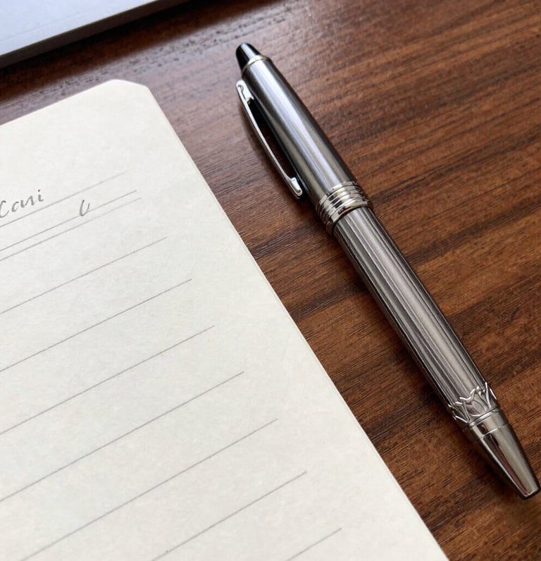 A desk with a fancy pen and paper.