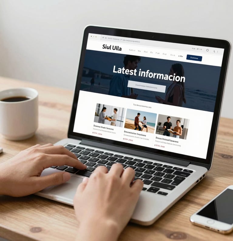 A cozy workspace with a laptop displaying the info vistaa blog homepage, surrounded by notes and a cup of coffee.