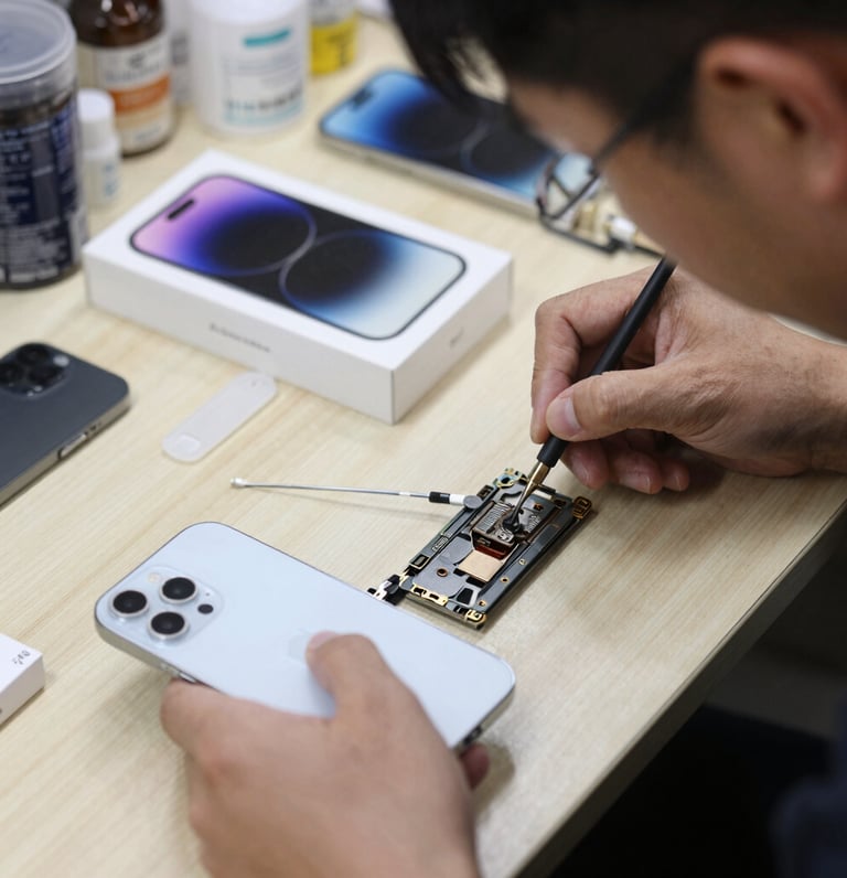 A friendly technician carefully repairing a smartphone at a bright, modern shop counter.