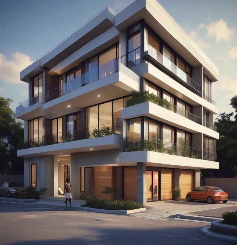 A sleek, modern home exterior with clean lines and subtle gold accents under soft lighting.