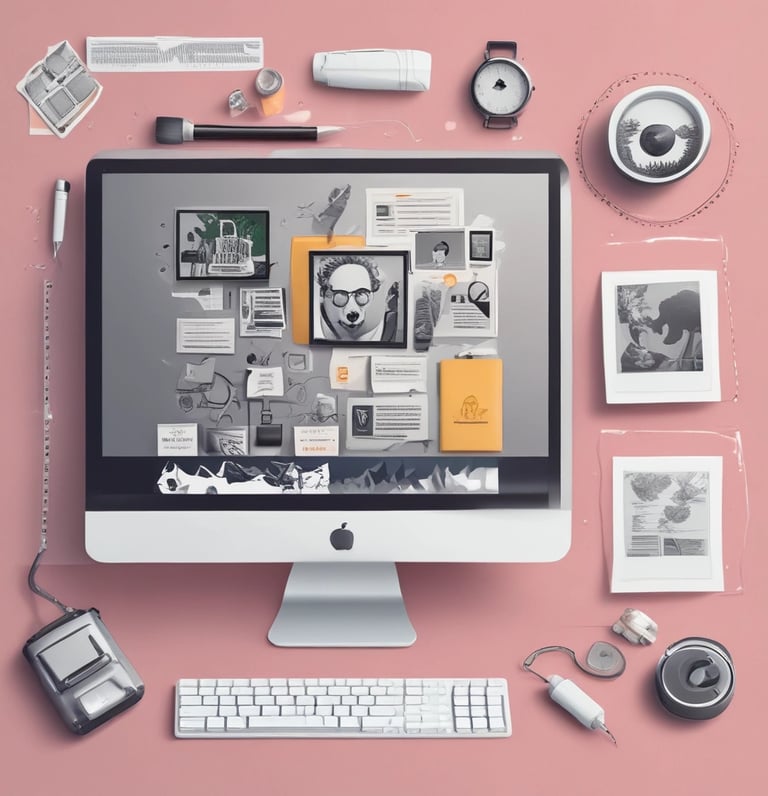 A colorful workspace with sketches, a laptop displaying a vibrant website, and design tools scattered around.