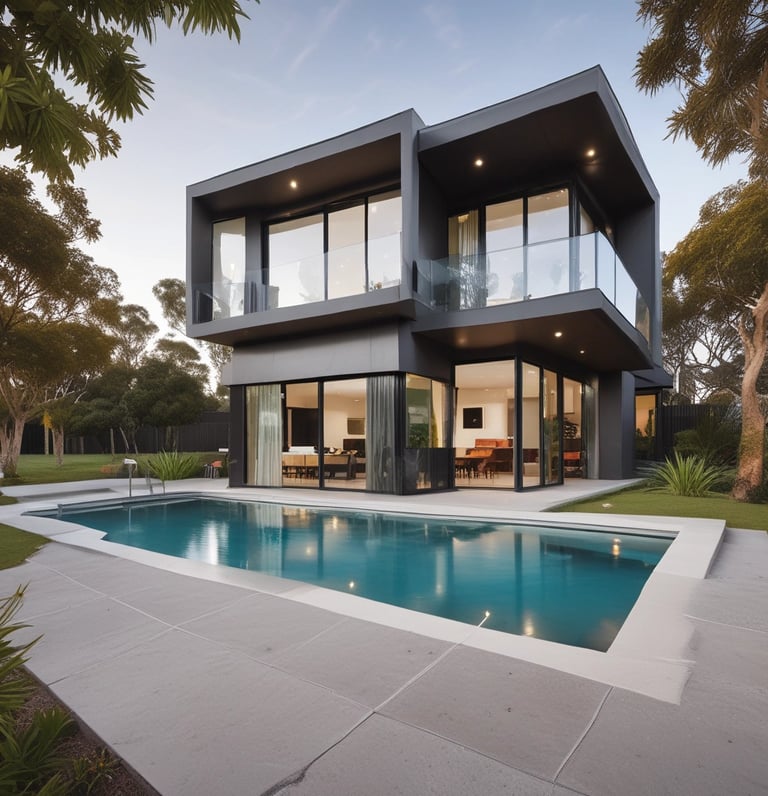 A warm, modern home with clean lines nestled in a vibrant Victoria neighborhood during sunset.