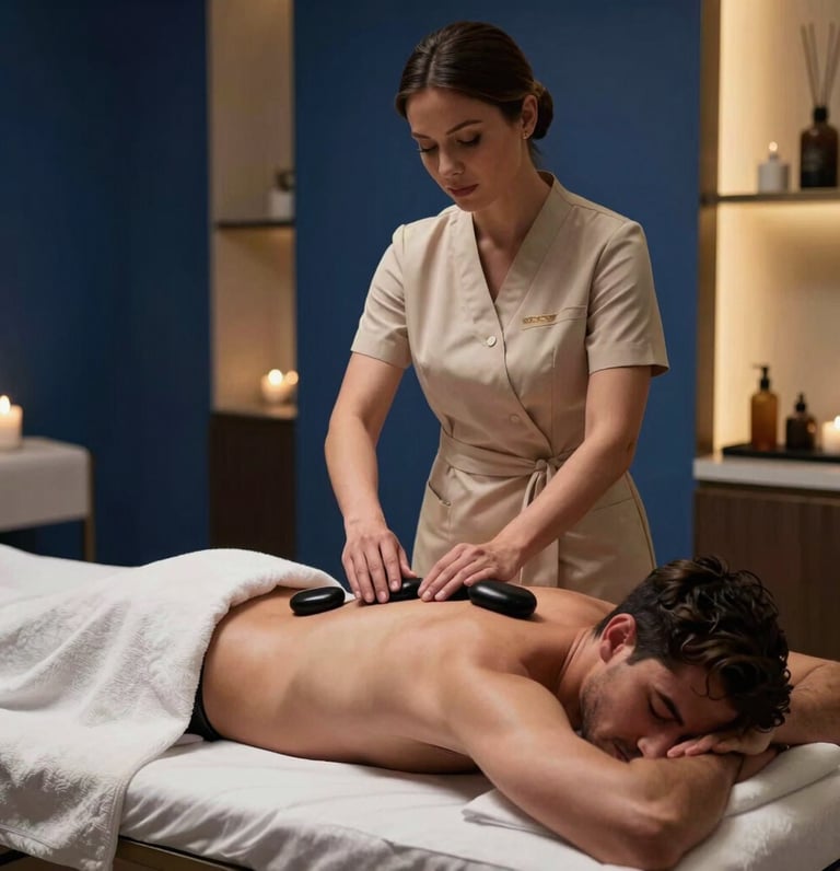A tranquil spa room bathed in deep sapphire blue and soft champagne gold lighting, featuring aromatic oils and smooth hot stones arranged for a premium massage experience.