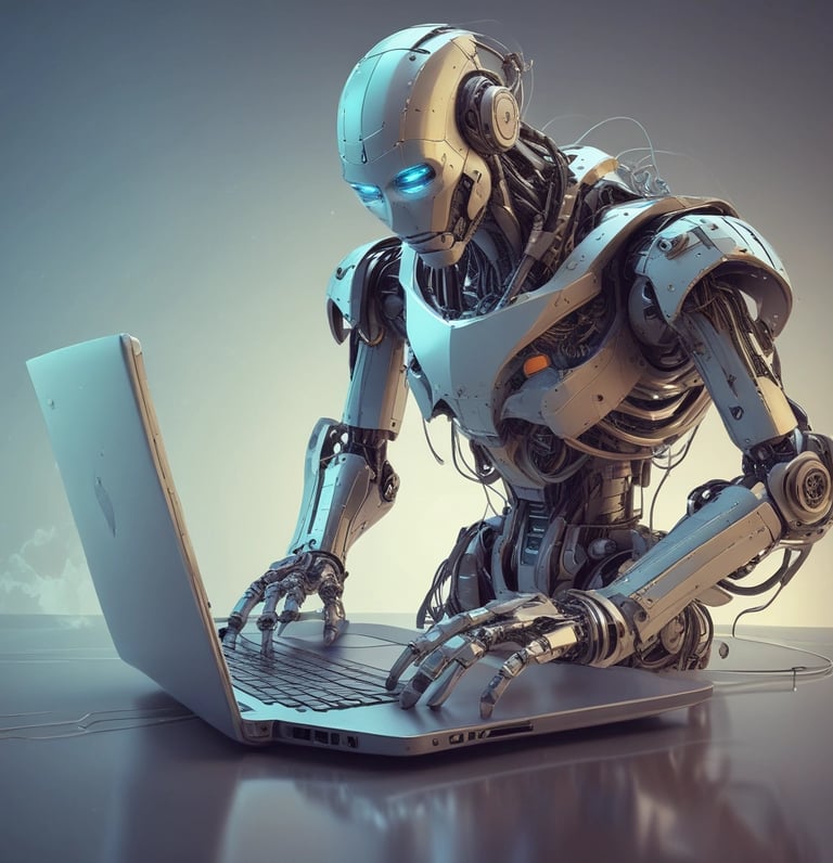 A sleek workspace with a laptop displaying code and AI graphics, surrounded by tech gadgets and notes.