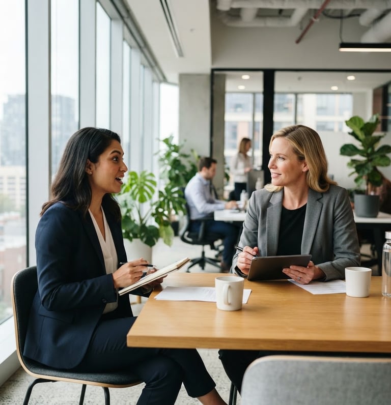 Wide shot of a professional recruiter and a candidate in a modern, bright office setting, engaged in a focused, candid conversation, natural daylight, 35mm lens, recruiter on the right, candidate on the left.