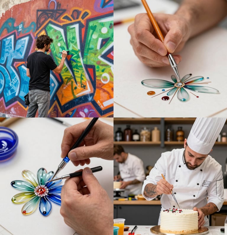 A vibrant collage showing a graffiti artist painting a colorful mural, a glass painter crafting delicate designs, and a pastry chef decorating an intricate cake.
