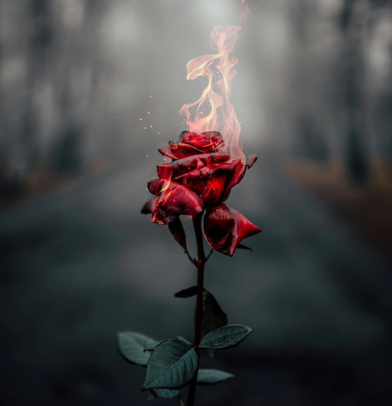 Elément décoratif - Une rose rouge enflammée - Carine Henry, auteure.