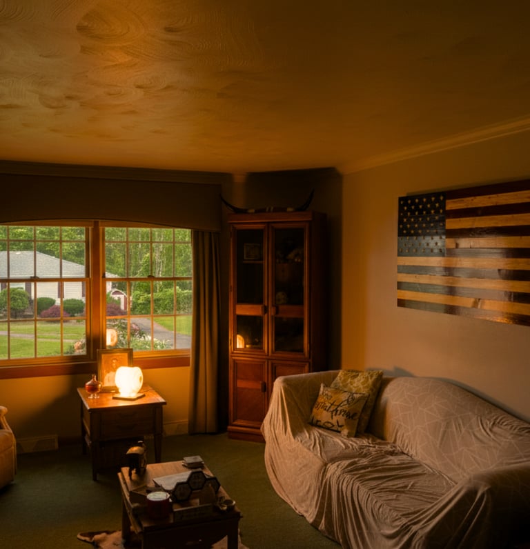 a living room with a couch and a lamp