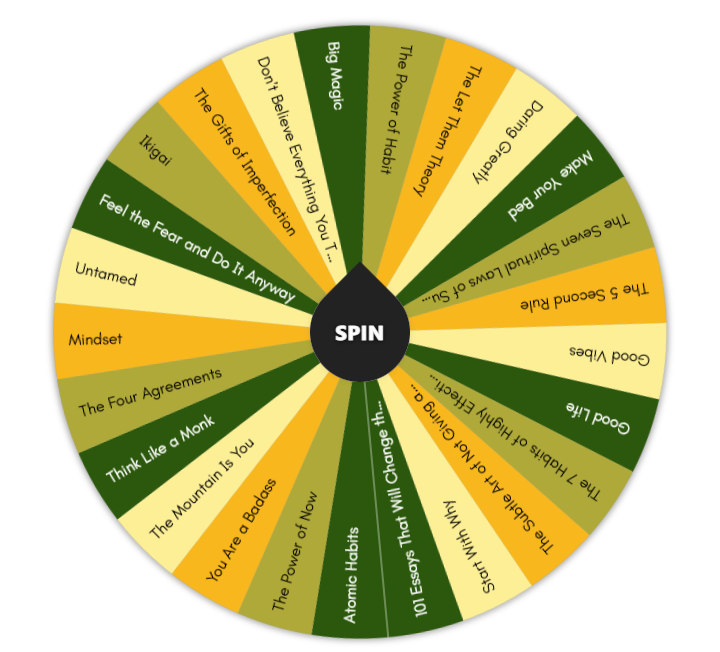 Wheel of Wisdom book spinner – self-help book picker tool with 24 titles