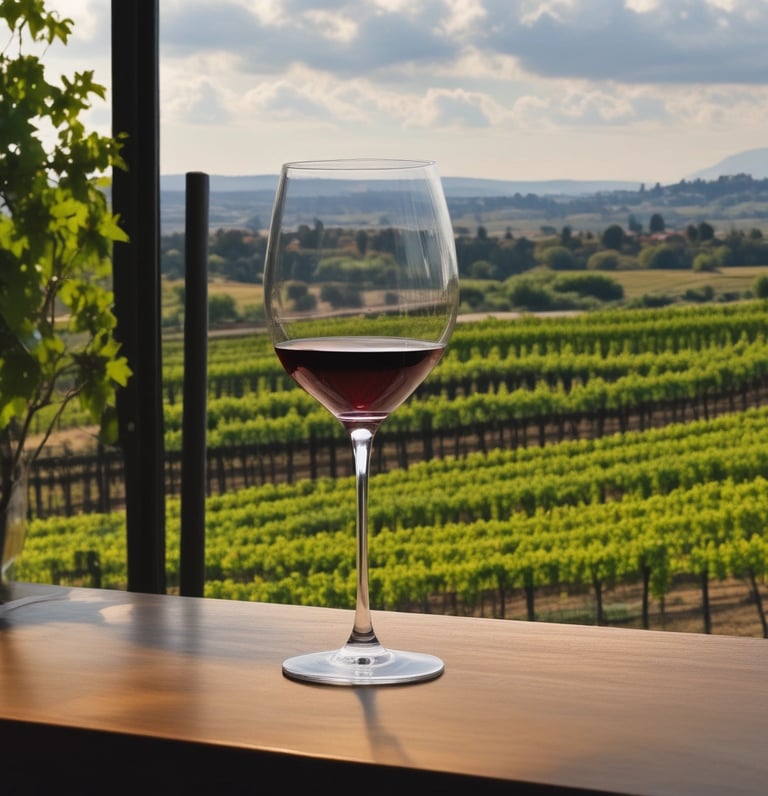 A cozy vineyard landscape at sunset with wine glasses on a rustic wooden table