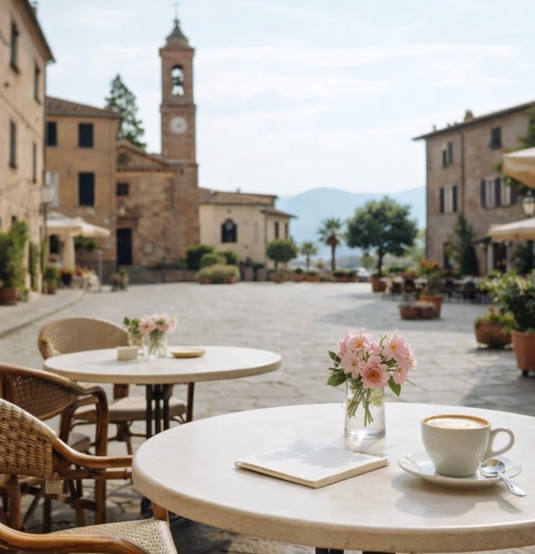 Cours collectifs d’italien débutants – café sur une place italienne calme, ambiance rassurante pour 