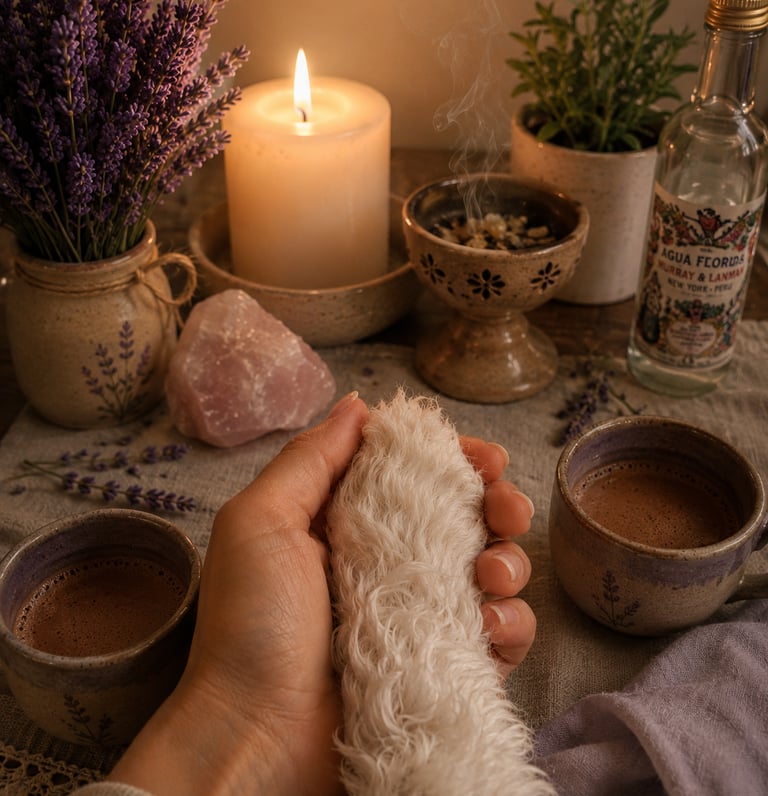 Una mano sosteniendo una pata de perro blanca sobre un altar ceremonial, cacao, vela, copal