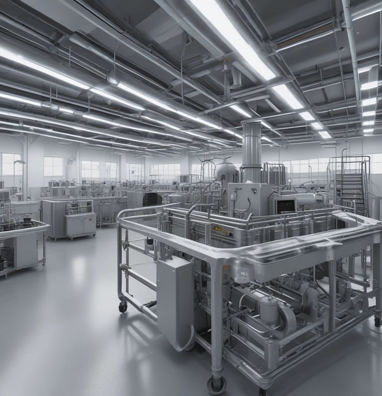 Modern dairy industry equipment with sensors and analyzers in a bright factory setting