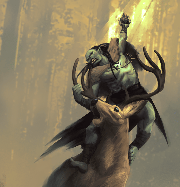 Predatory orc using a rock to kill a stag. Art by Christian Ardila.