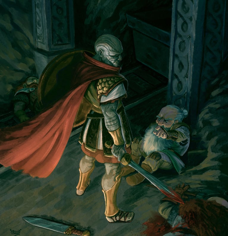 Stone skinned gladiator stands over the bodies of dead dwarves.
