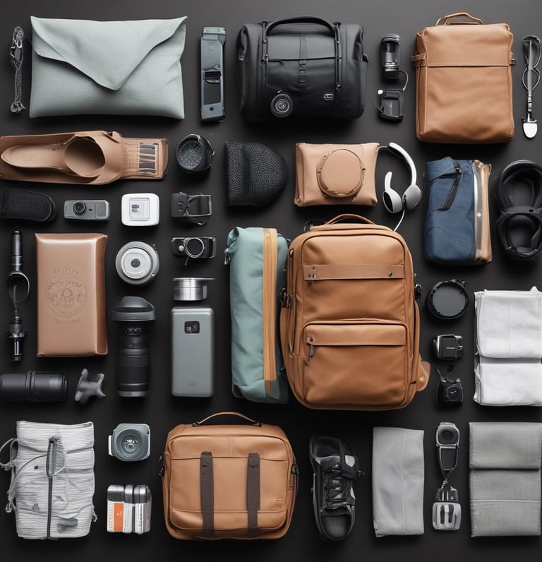A collection of travel essentials sits on a detailed map. A vintage camera in a brown leather case rests near a smartphone displaying Cyrillic text. Next to it, a large white travel tumbler marked 'Journal' stands beside several electronic gadgets, including a portable music player, an external hard drive, and a set of coiled cables. A pack of color film and a blue notebook complete the setup.
