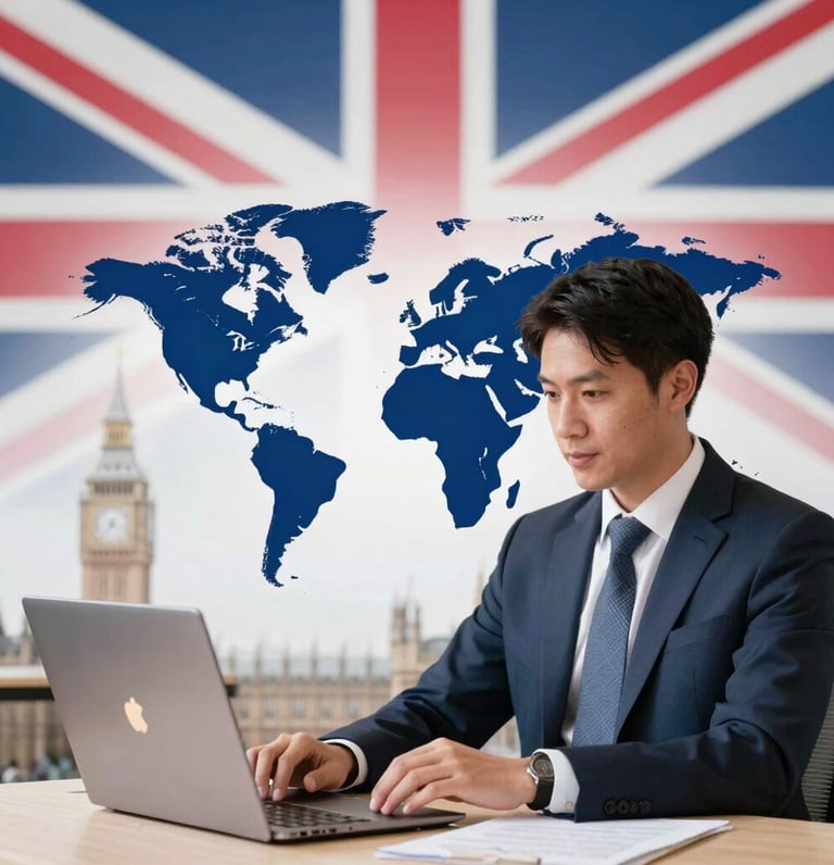 A sleek, minimal illustration of a globe highlighting the UK, connected to overseas locations by clean lines.