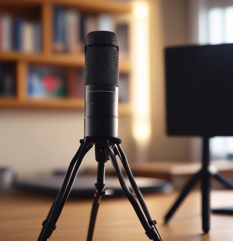 A smartphone displaying a podcast app screen is placed on a wooden surface next to a closed black notebook. The phone screen shows a podcast titled 'The Realmac Show' with controls for play, pause, and other options.