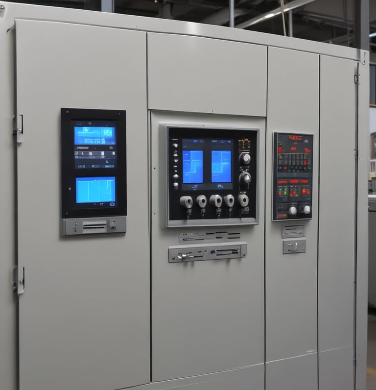 Engineer adjusting a complex PLC control panel in a factory setting.