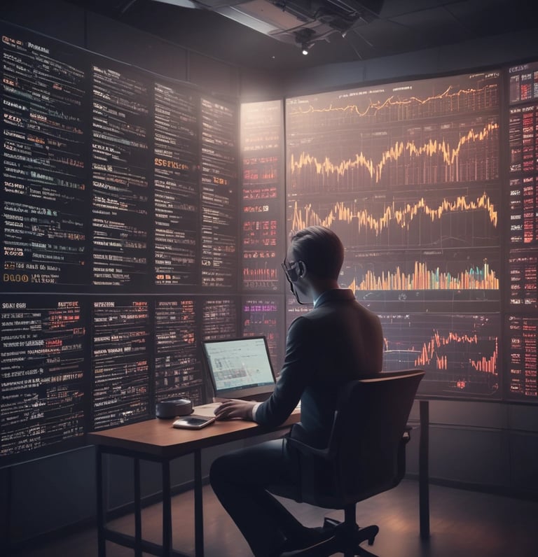 A sleek, modern trading dashboard displaying real-time analytics and neural network visualizations.