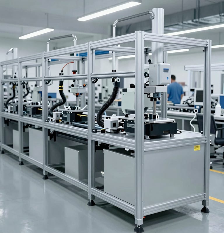 Industrial aluminum profile production line with workers assembling structural frames