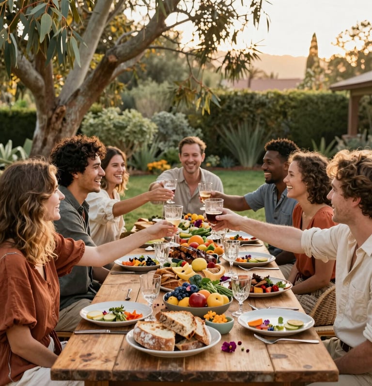 A warm, rustic outdoor table set with vibrant farm-to-table dishes in terracotta and eucalyptus tones.