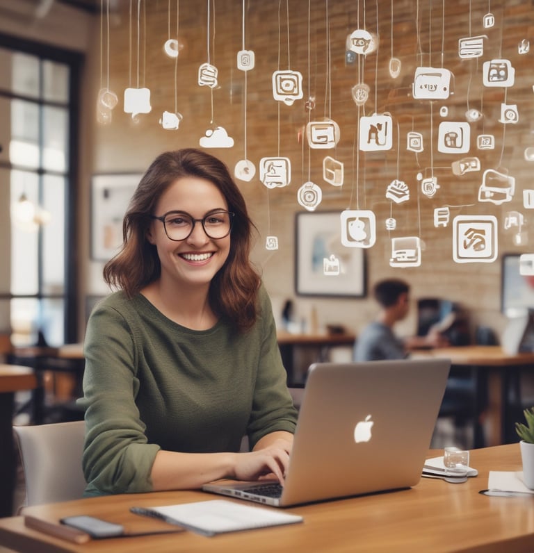 A small business owner happily reviewing social media posts on a laptop in a cozy workspace.