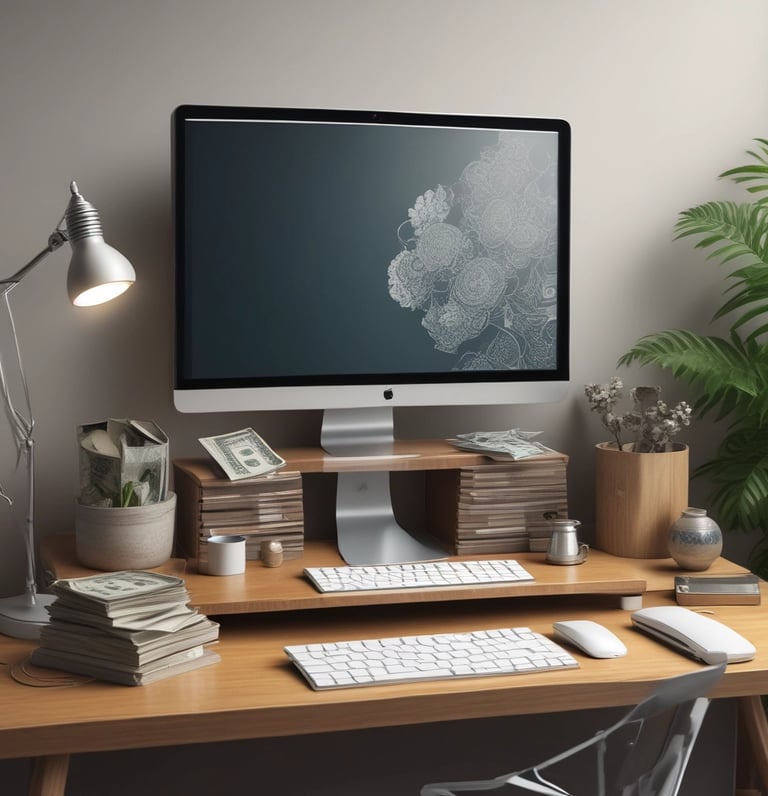 A creative workspace with a laptop displaying ad designs and notes scattered around.