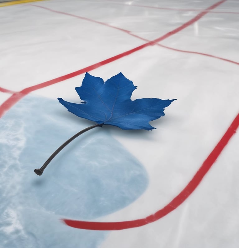 A sleek, modern hockey rink with the Toronto Maple Leafs logo at center ice under soft arena lighting.