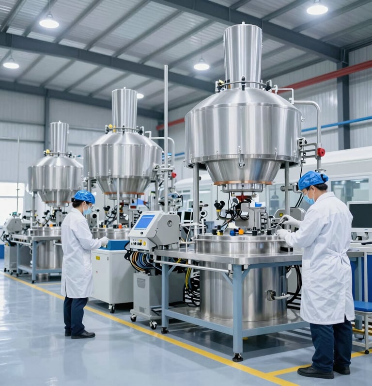 A stainless steel production line with technicians in lab coats monitoring machinery in a high-tech industrial setting