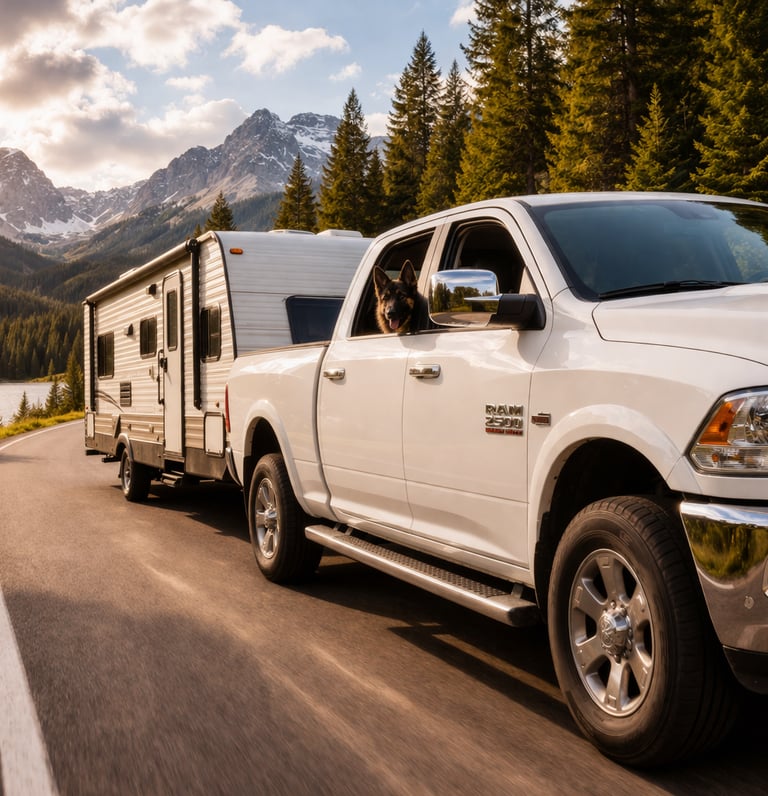 Truck and RV on a road trip with a German Shepard