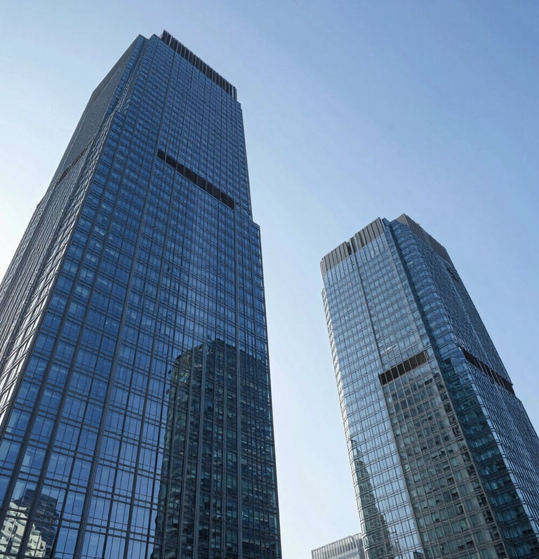 Low-angle view of modern blue glass skyscrapers in Singapore's business district against a clear sky.