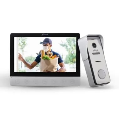 Smart video door phone system showing a delivery man on the indoor monitor screen.
