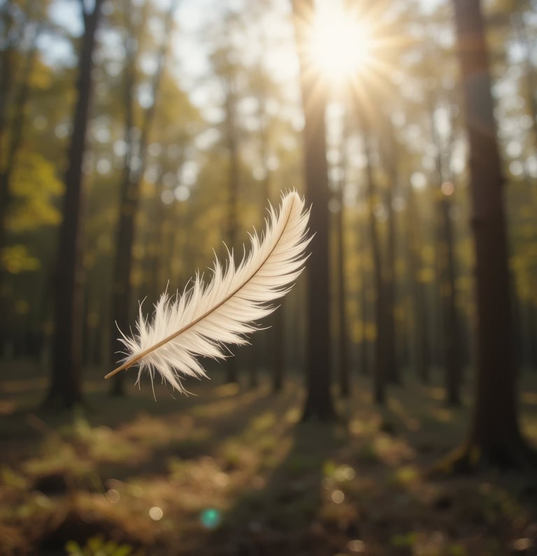 Feder im ruhigen Wald mit warmem Licht