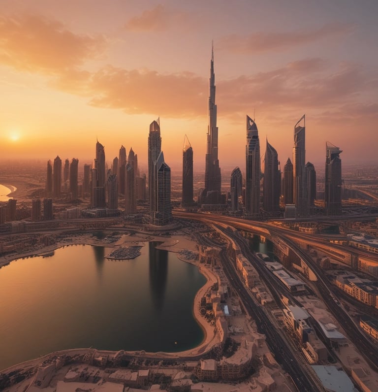 Elegant golden-hued networking event in Dubai with diverse business founders engaging warmly.