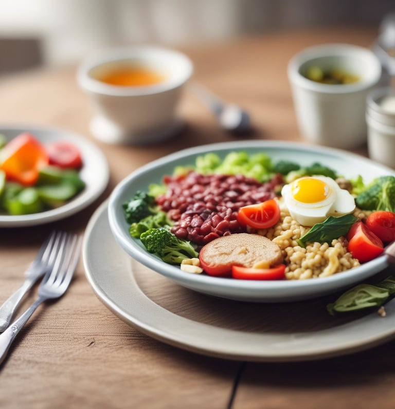 A vibrant, colorful plate of diabetic-friendly food with fresh vegetables and lean protein.