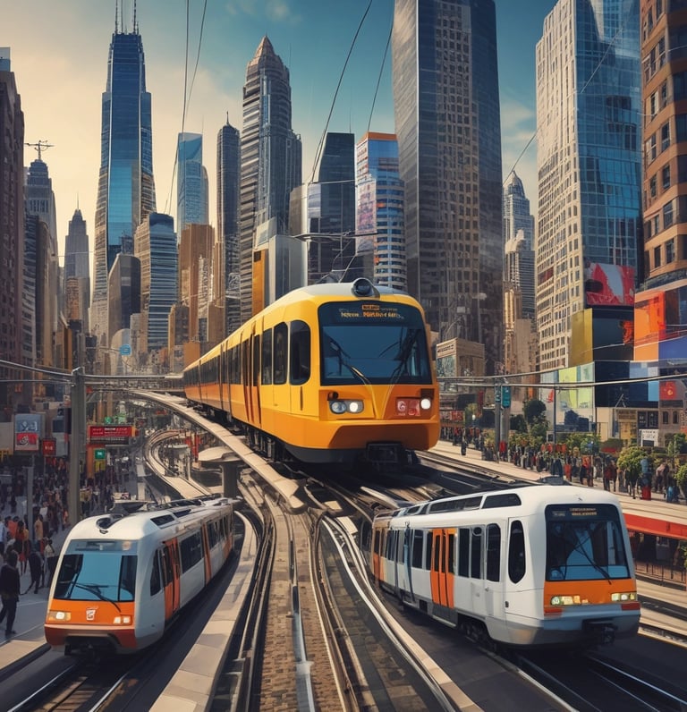 A dynamic collage showing a metro train, tram, light rail vehicle, and RRTS train in motion across a cityscape.