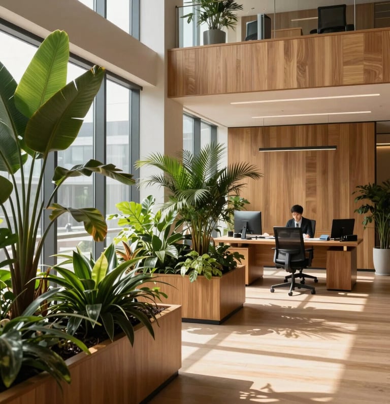 Wide architectural shot of a modern, sunlit corporate office with lush indoor plants, clean lines, warm wood finishes, and a calm professional working at a desk in the background, soft natural window light, 35mm