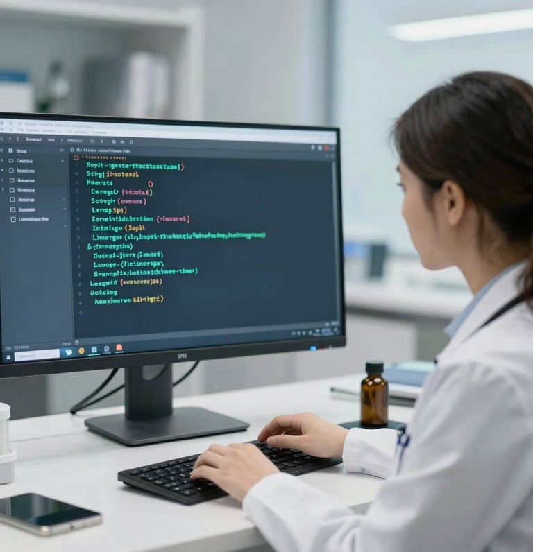 abstract animation of clinical data flows and molecular structures in muted teal and deep navy tones with subtle waveform lines.