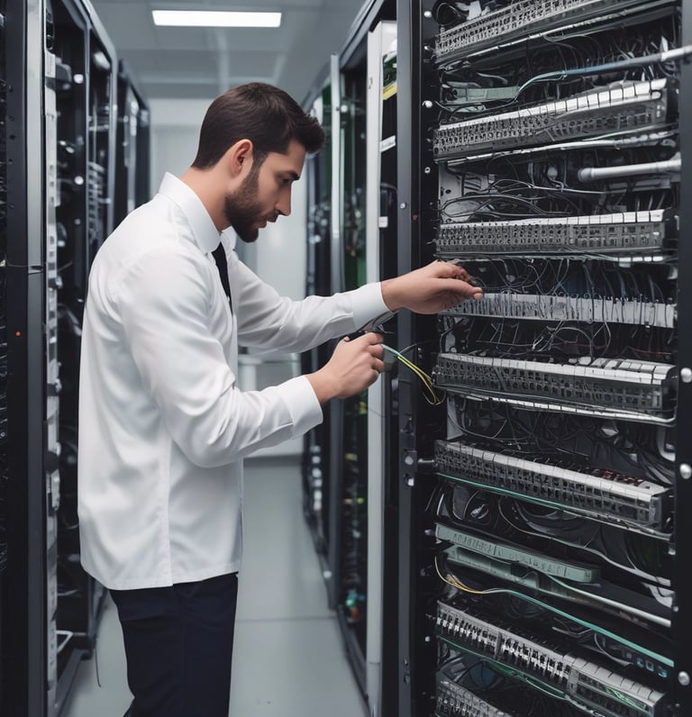 A friendly IT technician assisting a small business owner with network setup in a cozy office.
