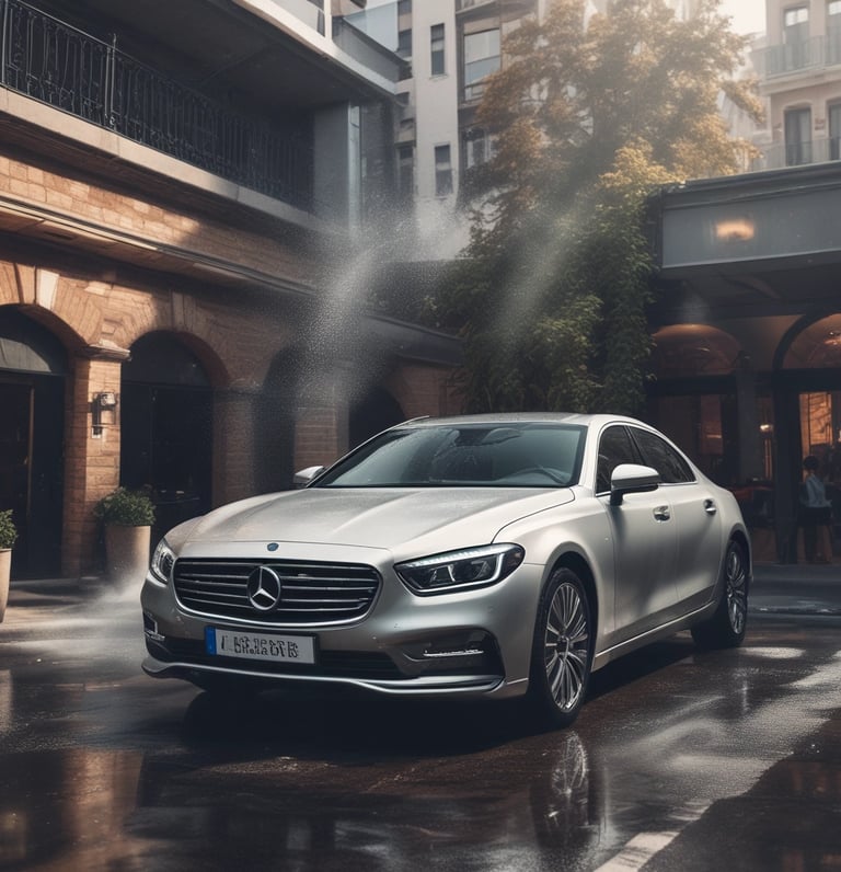A sleek car gleaming under sunlight with a technician carefully detailing the exterior in a suburban driveway.