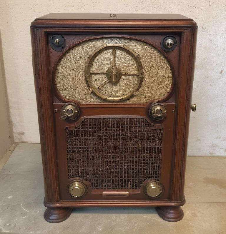Vintage radio microphone surrounded by musical notes and dancing silhouettes from the 1920s era