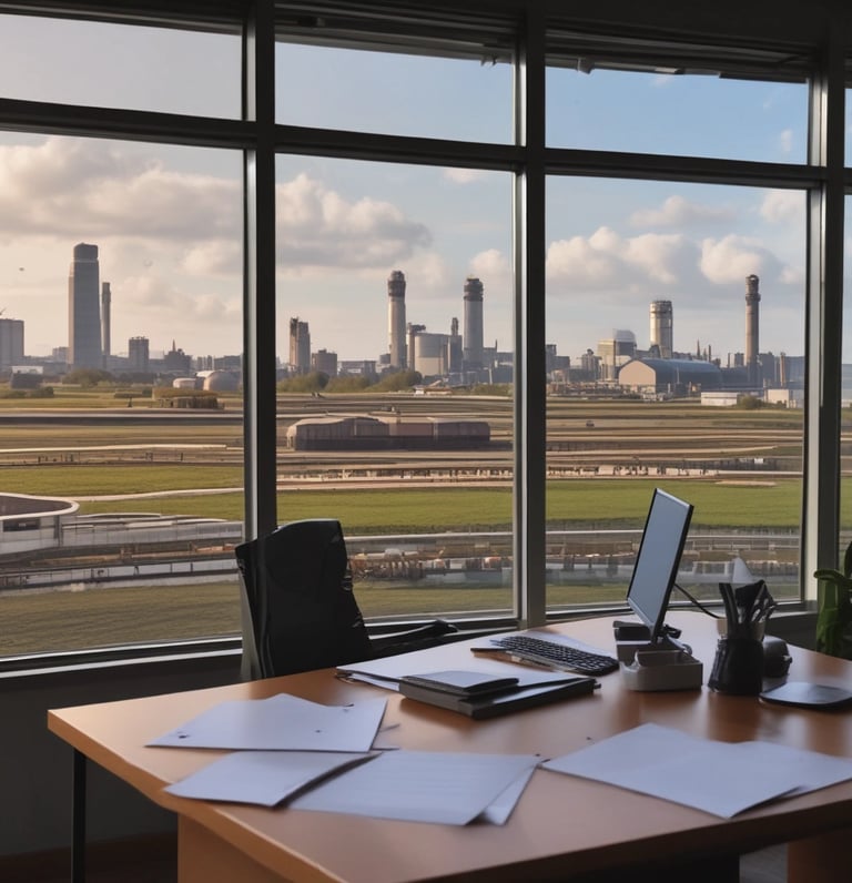 Professional team consulting over agricultural trade documents in a modern office with blue and gold accents