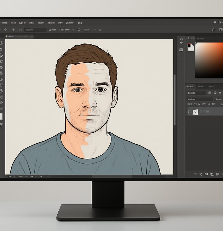 Digital male character shown on a computer screen.