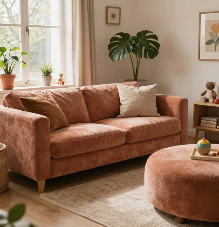 A cozy living room bathed in warm coral and sandy brown tones with soft rounded furniture edges